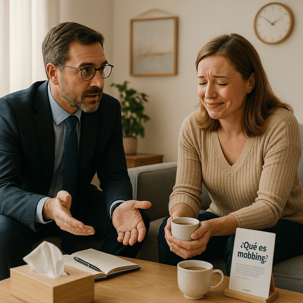 Abogado especialista en defensa de víctimas de mobbing en primera consulta empática, escucha activa de trabajador que sufre acoso laboral, ambiente acogedor con sofá, pañuelos, protección de dignidad del trabajador y asesoramiento integral en España