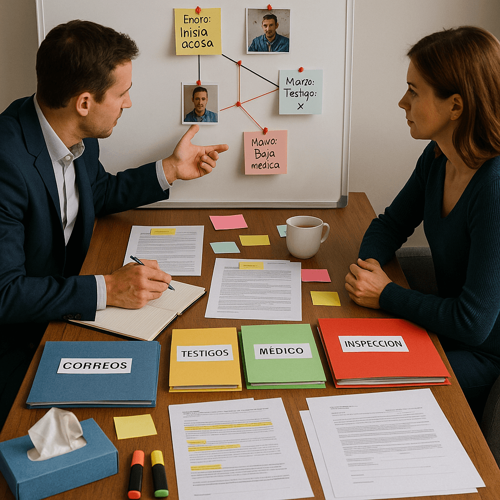 Preparación técnica de denuncia por mobbing ante Inspección de Trabajo o vía judicial, abogado especialista organizando pruebas documentales, cronología de acoso, testimonios de testigos y estrategia legal para denuncia formal de acoso laboral en España